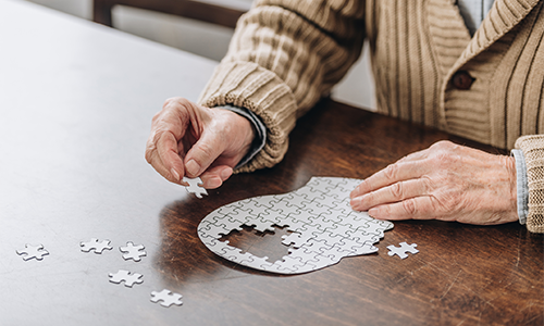 Person puts together a jigsaw puzzle of the head. The area of the brain is not finished.