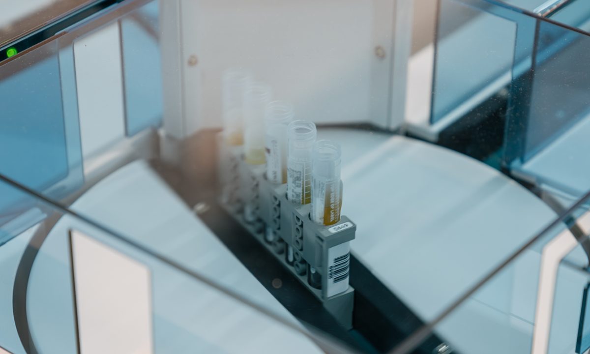 Tray of test tubes on sit on the Roche platform