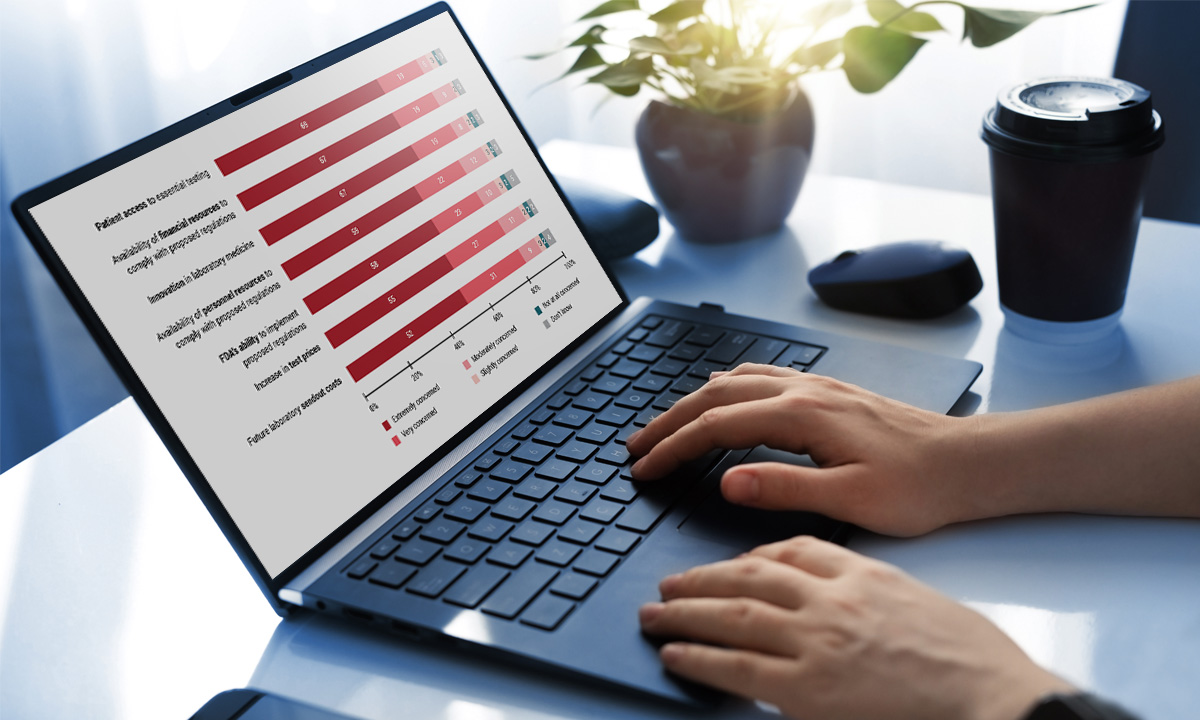 A person is working on a laptop that displays a bar chart.