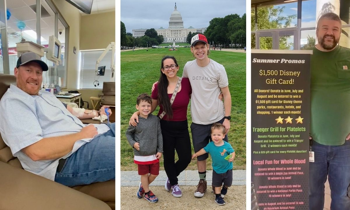 Jared Burrell is in the process of donating blood, Eliza Lawrence's family stands in a park, and Nick Leonard stands by a poster.