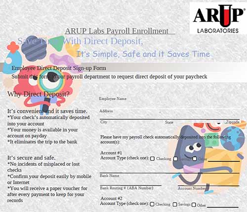 screenshot of a fraudulent direct deposit form