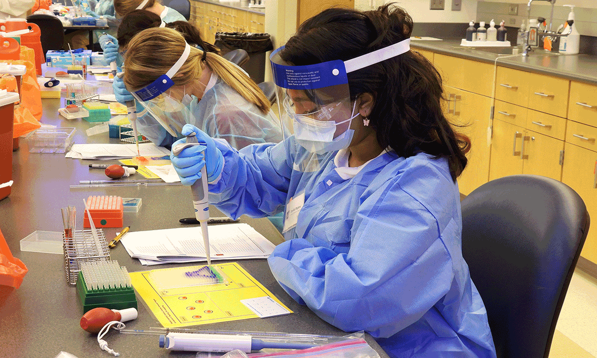 Students sit at a long table practicing pipetting skills