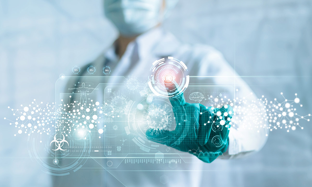 Photo illustration of medical doctor touching holographic research screen