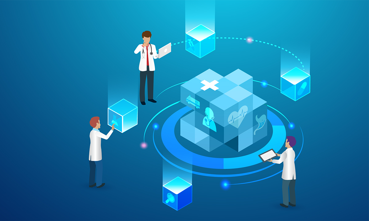 Illustration of researchers standing in a circle and passing information in the form of cubes