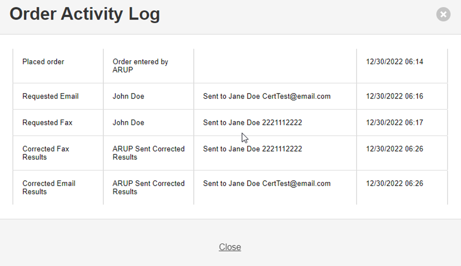 screenshot of activity log