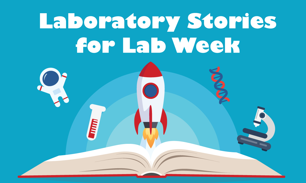 Illustration. Laboratory stories for lab week. A rocket, test tube, astronaut, microscope, and DNA pop out of a book.