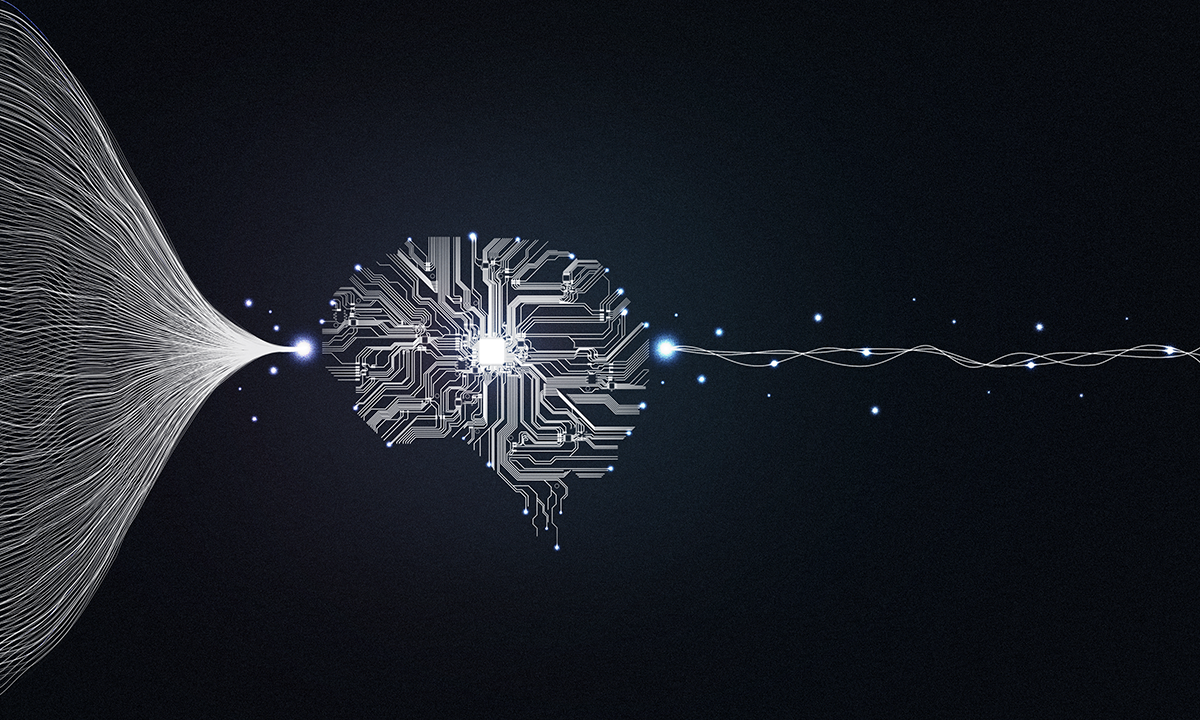 Illustration of wave patterns entering and exiting a brain-shaped collection of machine circuits