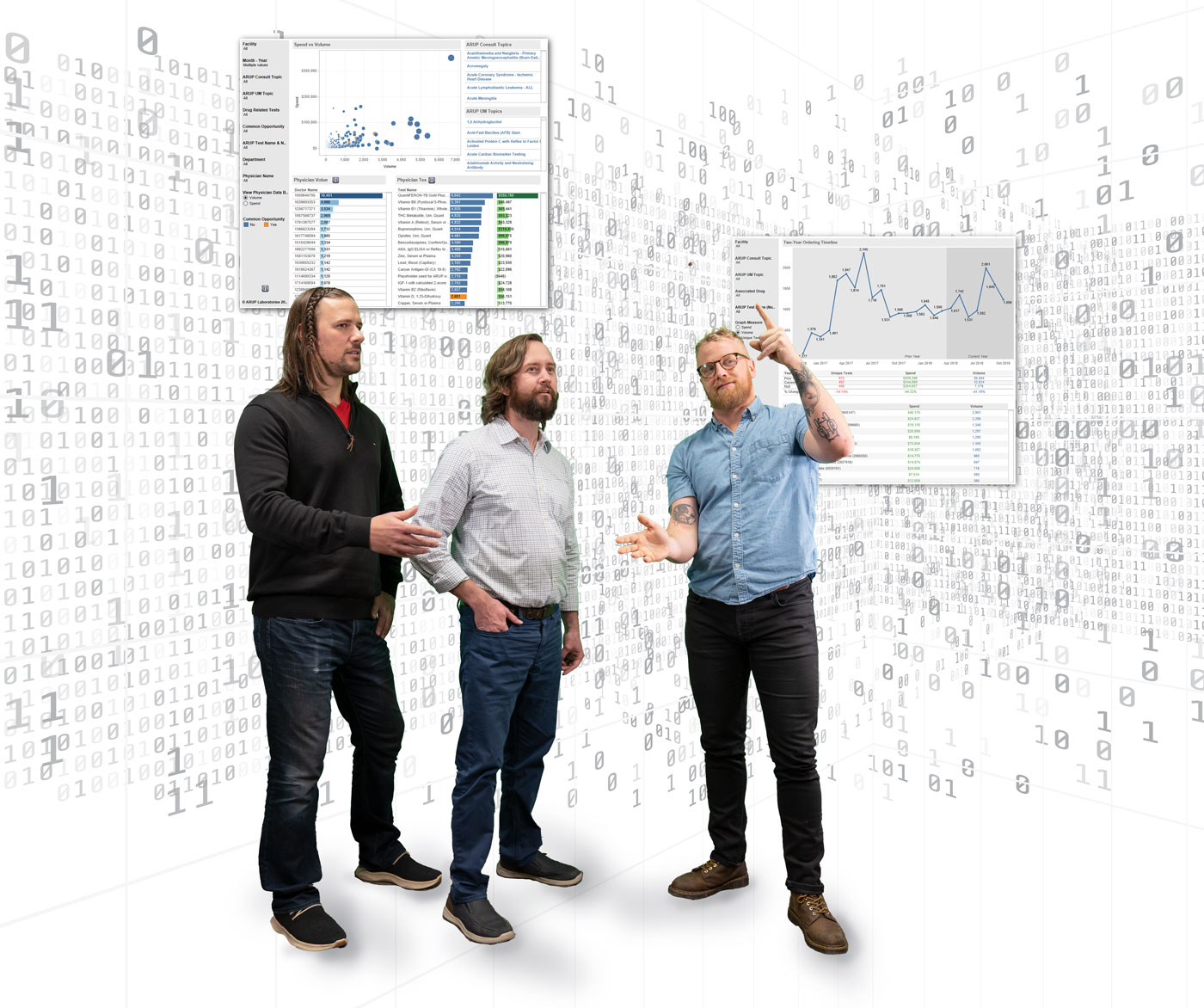 Illustration showing a team of people in front of streaming graphs and numbers