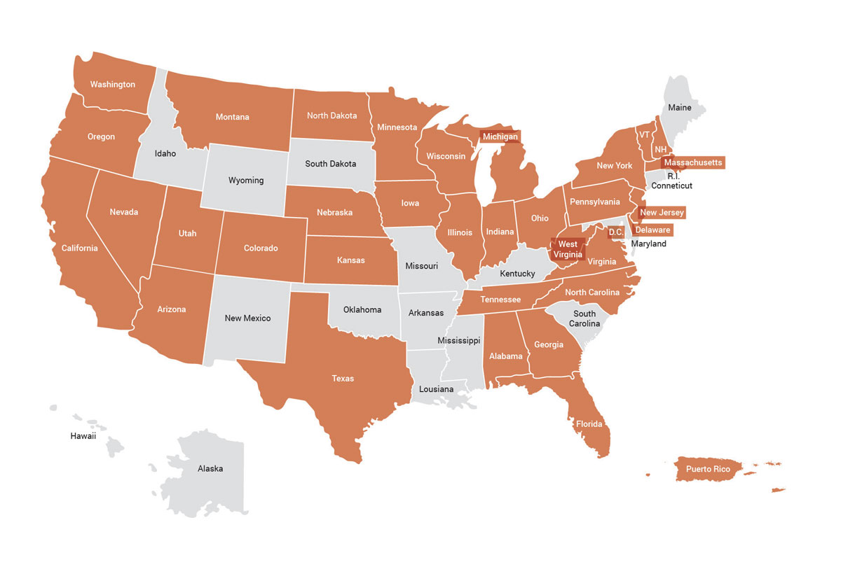 Map of the US highlighting the states that have signed as cosponsors